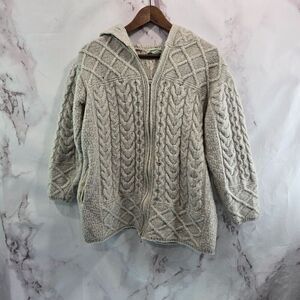 Aran Crafts Wool Sweater Womens Large Cardigan Hooded Oversized Fisherman Vtg